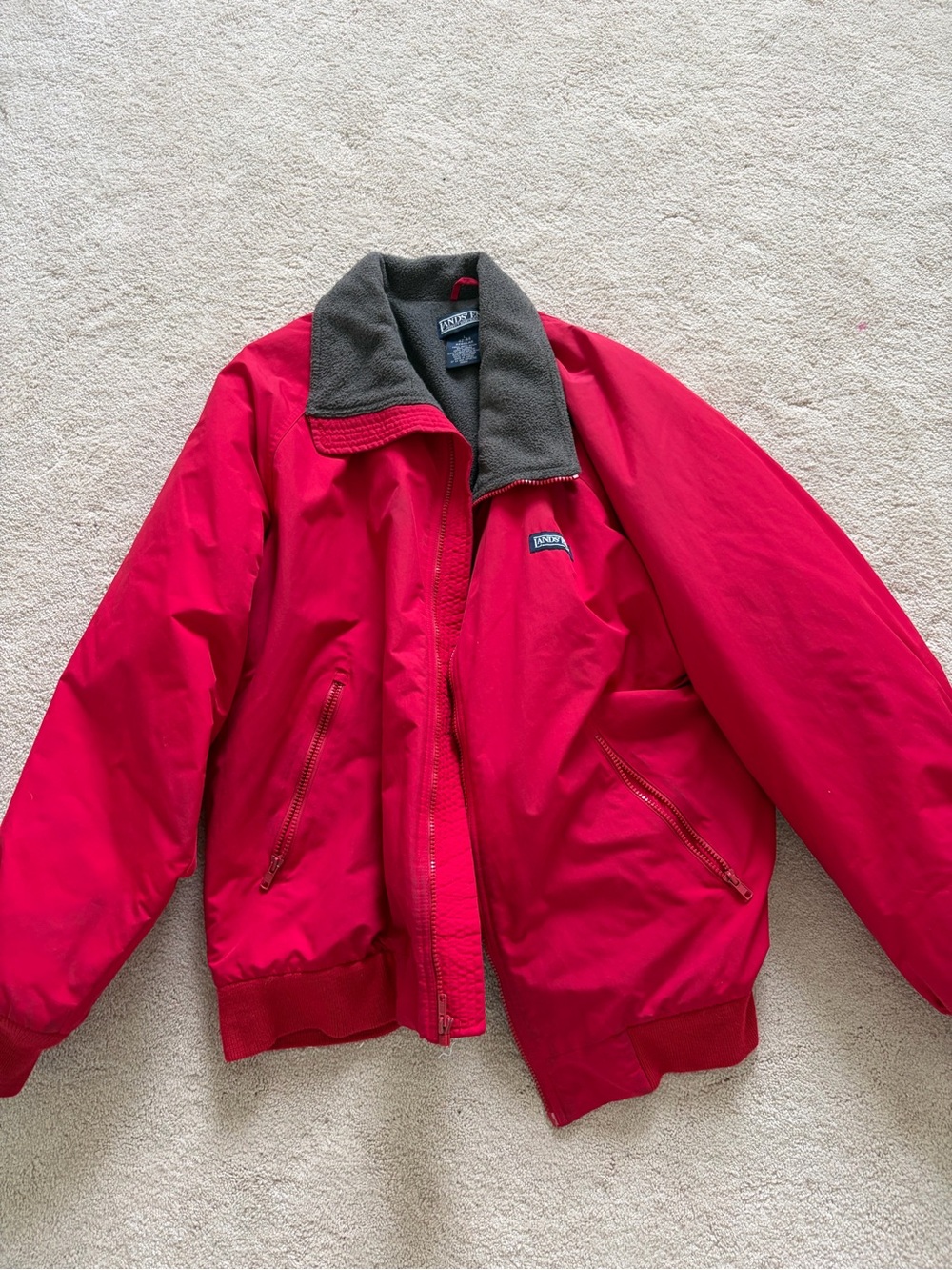 Lands' End Men's Bright Red Bomber Jacket with Gray Fleece Collar